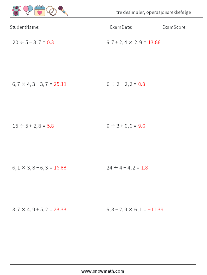 (10) tre desimaler, operasjonsrekkefølge MathWorksheets 18 QuestionAnswer