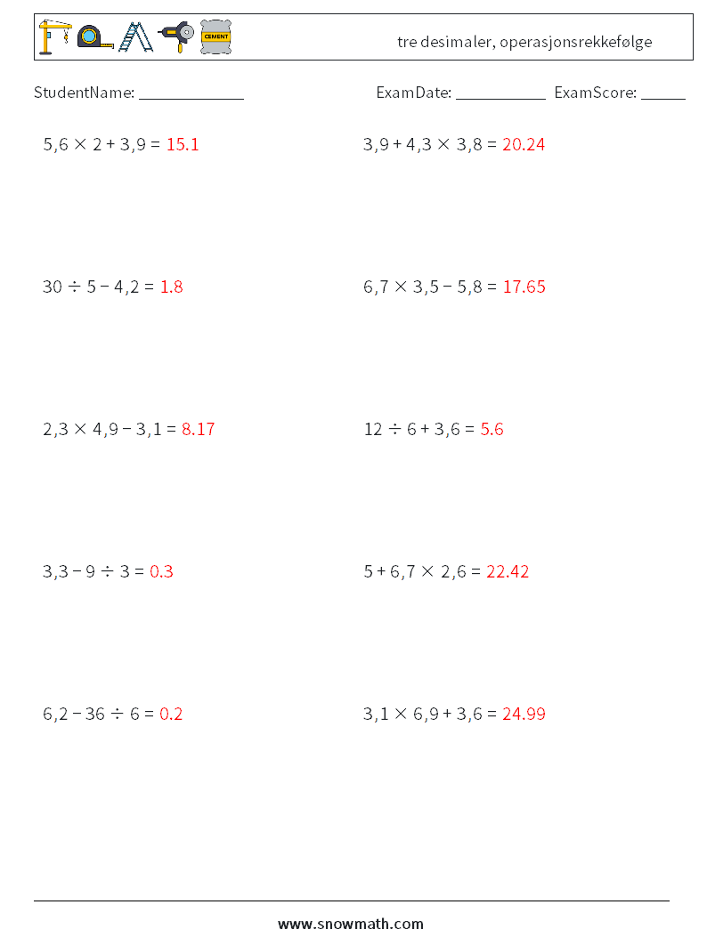 (10) tre desimaler, operasjonsrekkefølge MathWorksheets 2 QuestionAnswer