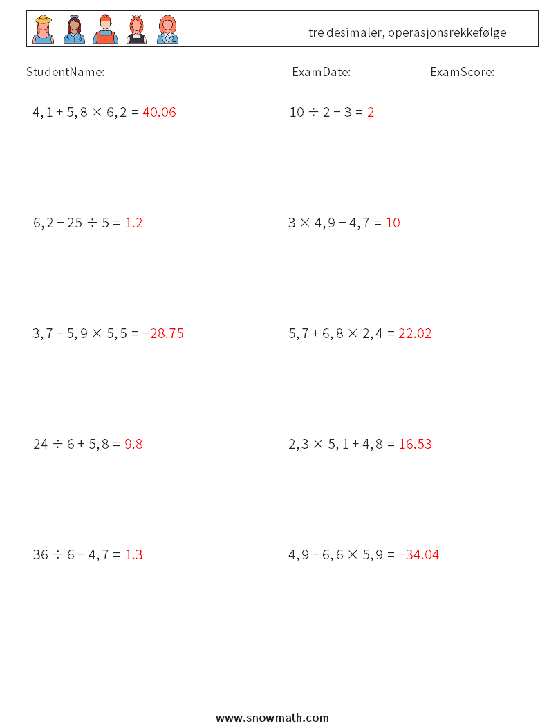 (10) tre desimaler, operasjonsrekkefølge MathWorksheets 3 QuestionAnswer