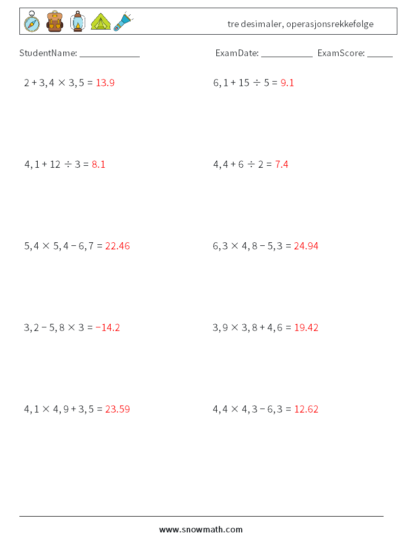 (10) tre desimaler, operasjonsrekkefølge MathWorksheets 4 QuestionAnswer