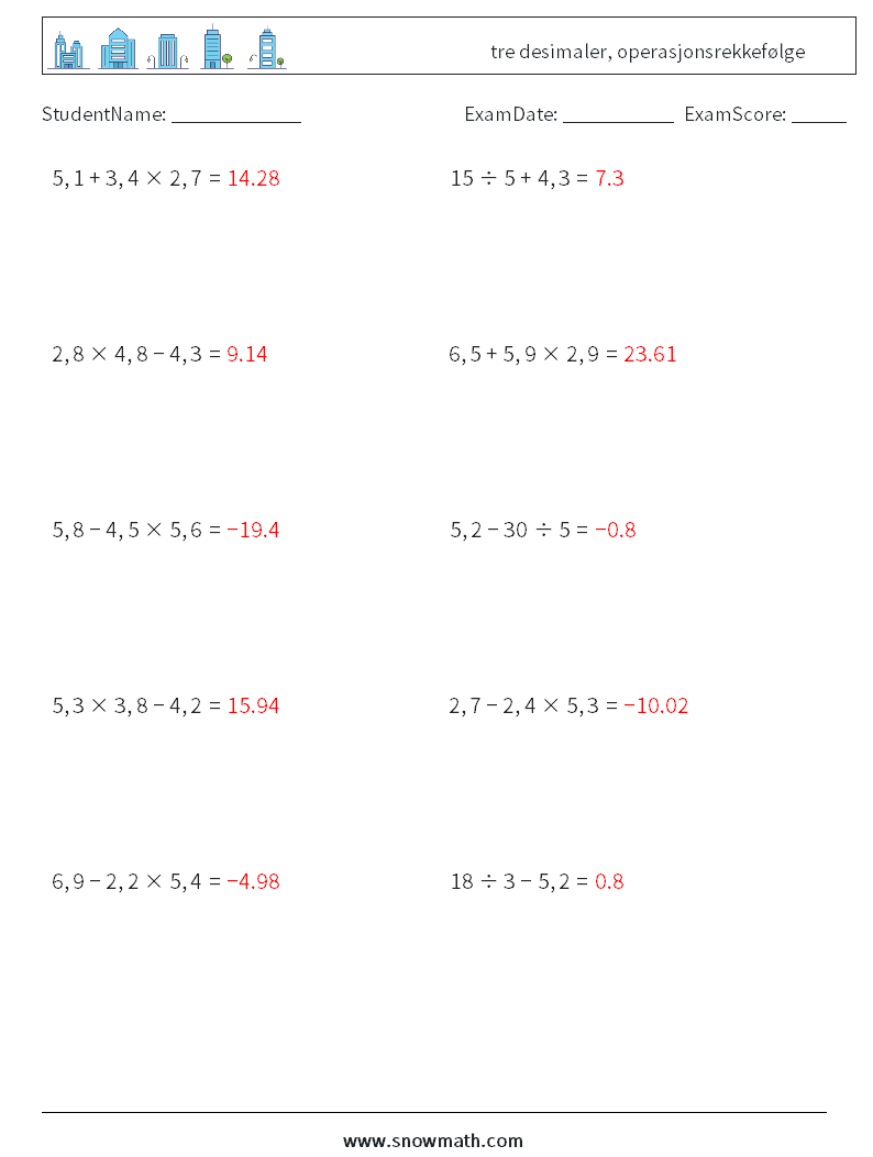 (10) tre desimaler, operasjonsrekkefølge MathWorksheets 5 QuestionAnswer