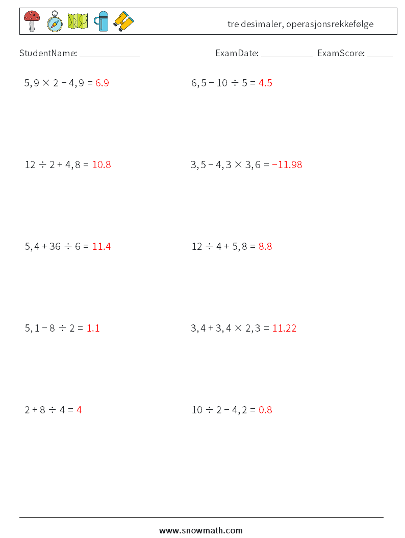 (10) tre desimaler, operasjonsrekkefølge MathWorksheets 6 QuestionAnswer