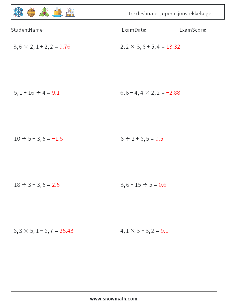 (10) tre desimaler, operasjonsrekkefølge MathWorksheets 7 QuestionAnswer