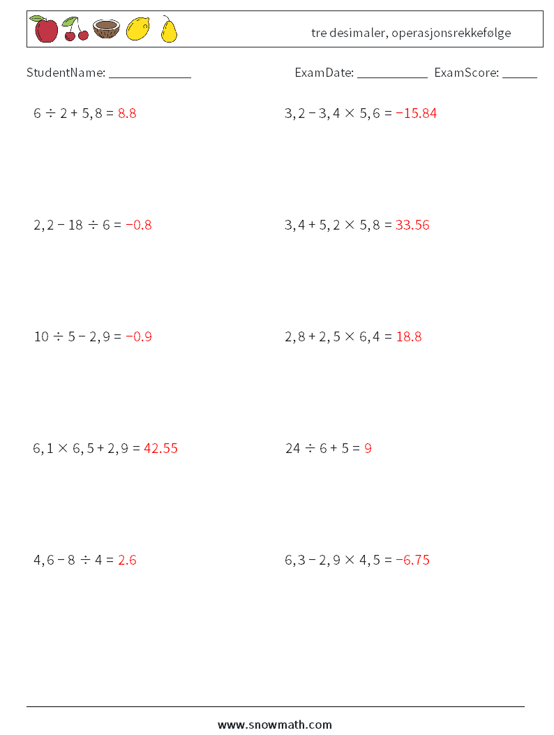 (10) tre desimaler, operasjonsrekkefølge MathWorksheets 8 QuestionAnswer