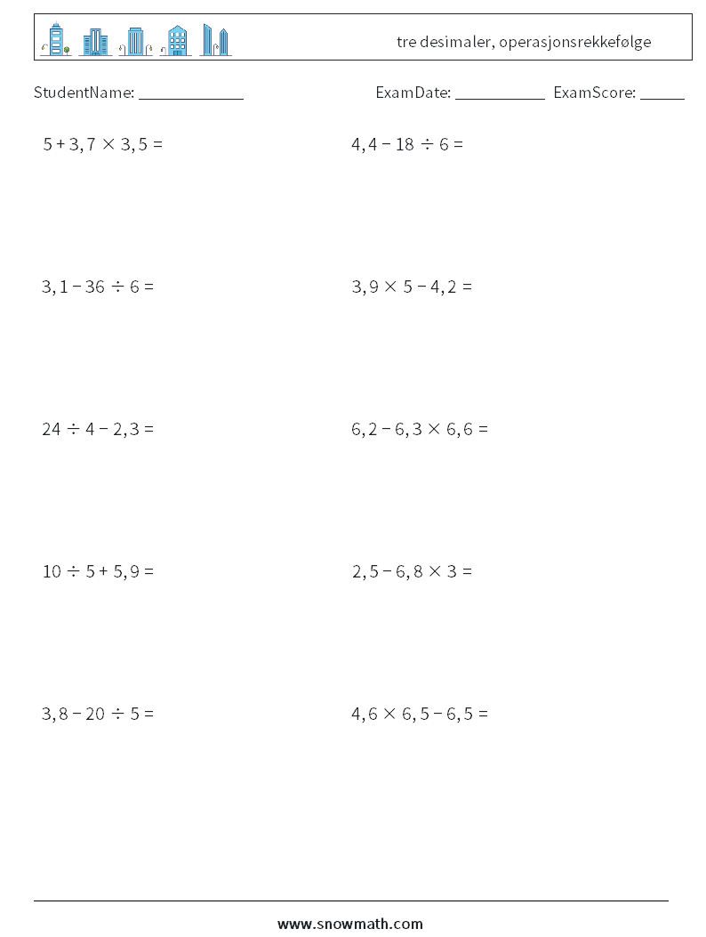 (10) tre desimaler, operasjonsrekkefølge MathWorksheets 9