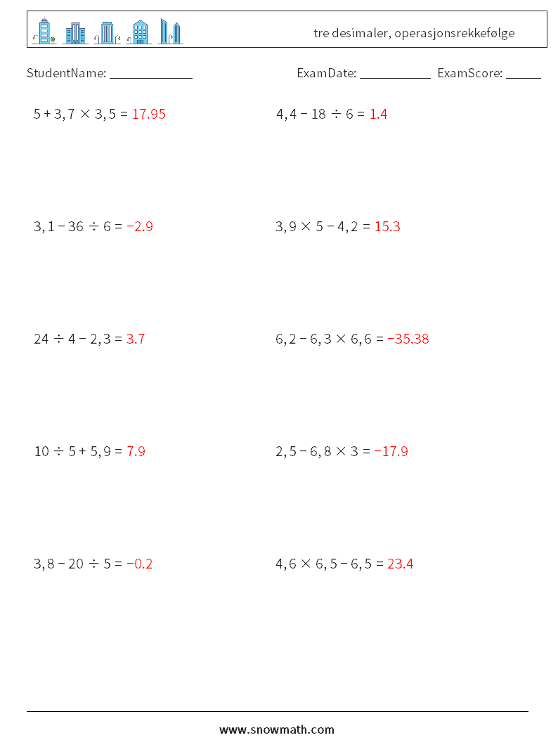 (10) tre desimaler, operasjonsrekkefølge MathWorksheets 9 QuestionAnswer