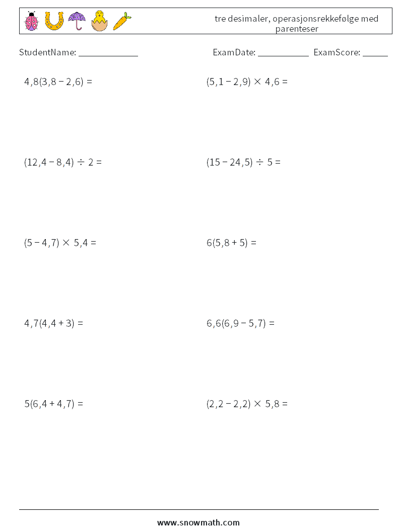 (10) tre desimaler, operasjonsrekkefølge med parenteser MathWorksheets 10