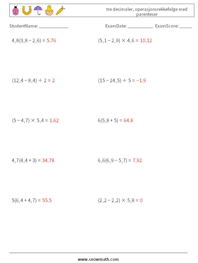 (10) tre desimaler, operasjonsrekkefølge med parenteser MathWorksheets 10 QuestionAnswer