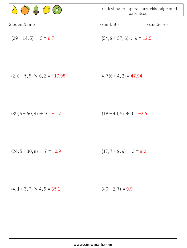 (10) tre desimaler, operasjonsrekkefølge med parenteser MathWorksheets 11 QuestionAnswer