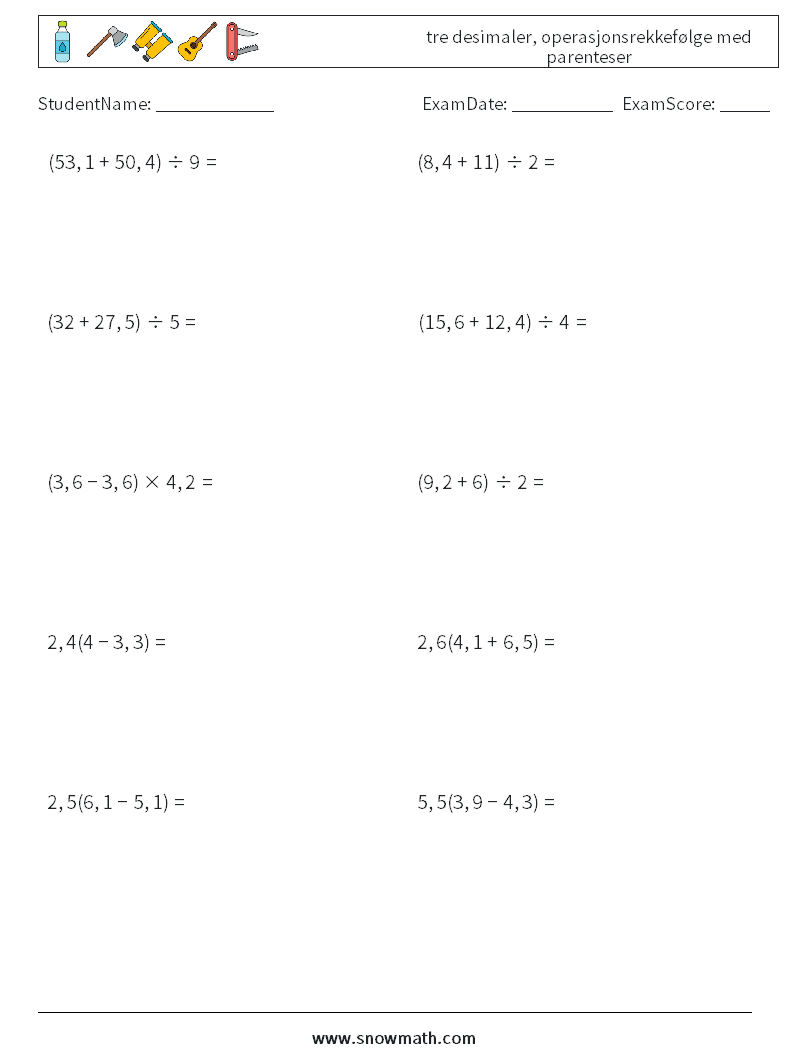 (10) tre desimaler, operasjonsrekkefølge med parenteser MathWorksheets 12