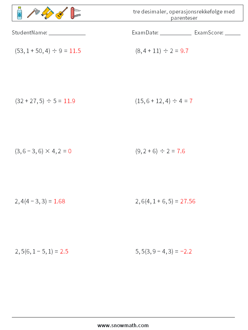 (10) tre desimaler, operasjonsrekkefølge med parenteser MathWorksheets 12 QuestionAnswer