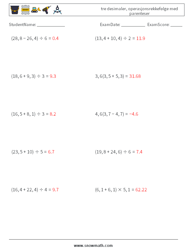 (10) tre desimaler, operasjonsrekkefølge med parenteser MathWorksheets 13 QuestionAnswer