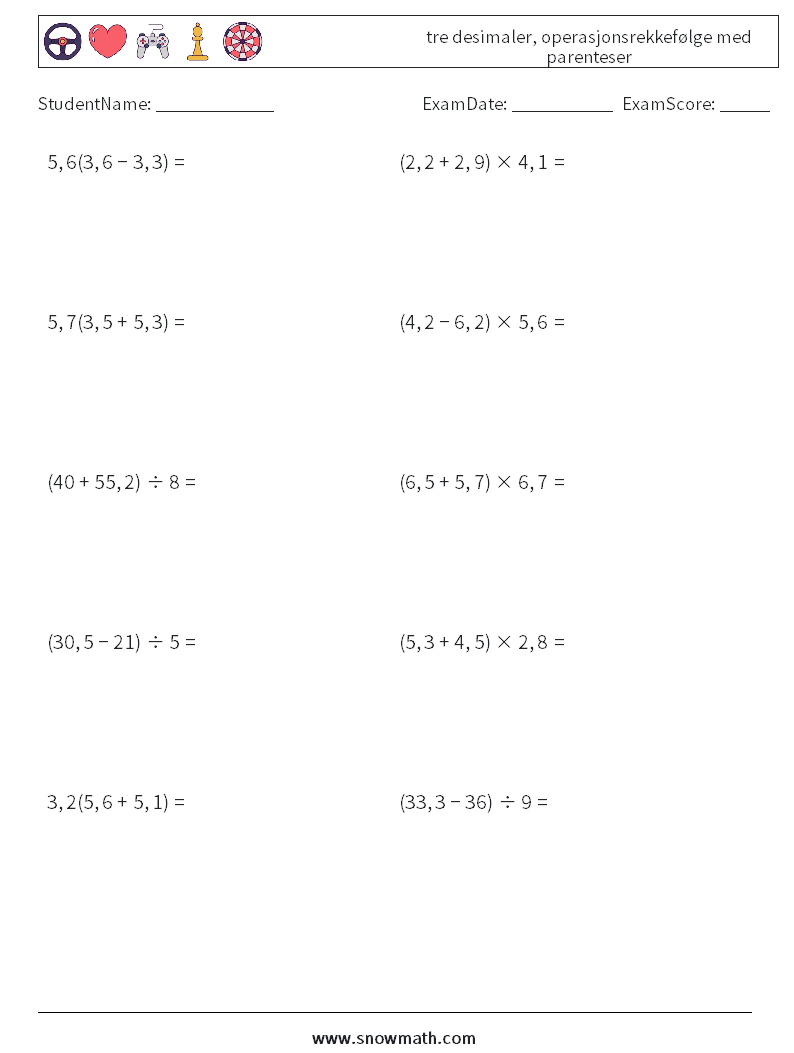 (10) tre desimaler, operasjonsrekkefølge med parenteser MathWorksheets 14