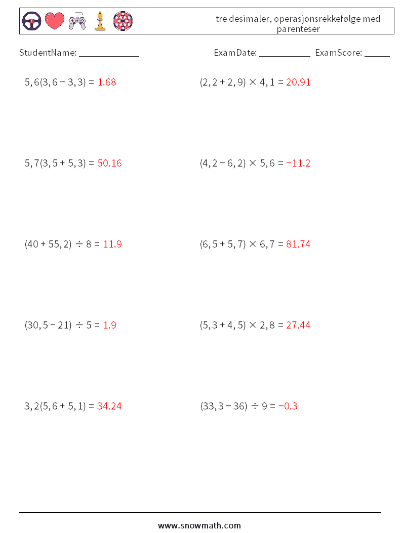 (10) tre desimaler, operasjonsrekkefølge med parenteser MathWorksheets 14 QuestionAnswer