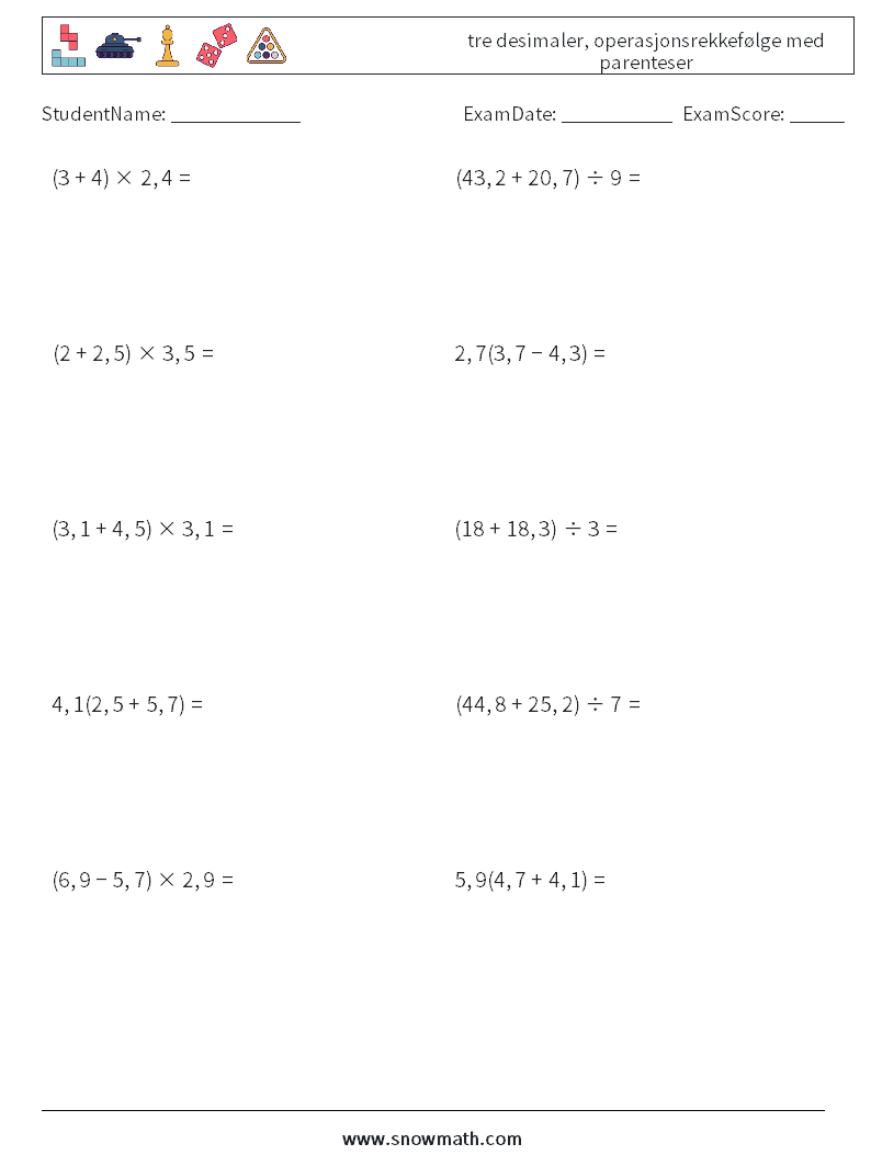 (10) tre desimaler, operasjonsrekkefølge med parenteser MathWorksheets 15