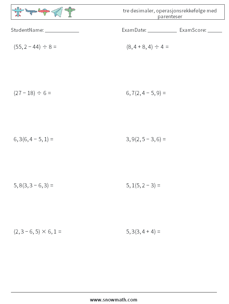 (10) tre desimaler, operasjonsrekkefølge med parenteser MathWorksheets 17