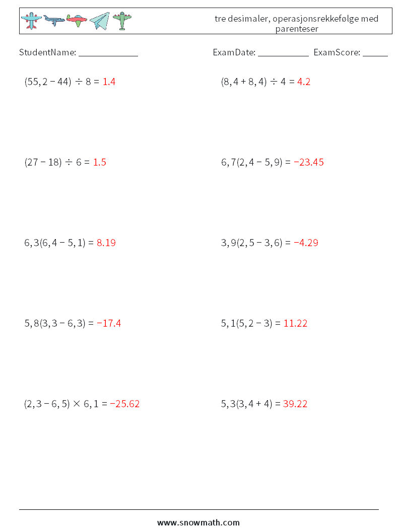 (10) tre desimaler, operasjonsrekkefølge med parenteser MathWorksheets 17 QuestionAnswer