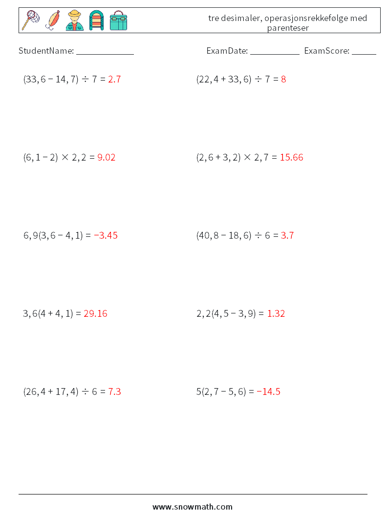 (10) tre desimaler, operasjonsrekkefølge med parenteser MathWorksheets 18 QuestionAnswer