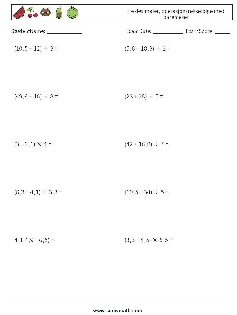 (10) tre desimaler, operasjonsrekkefølge med parenteser MathWorksheets 2