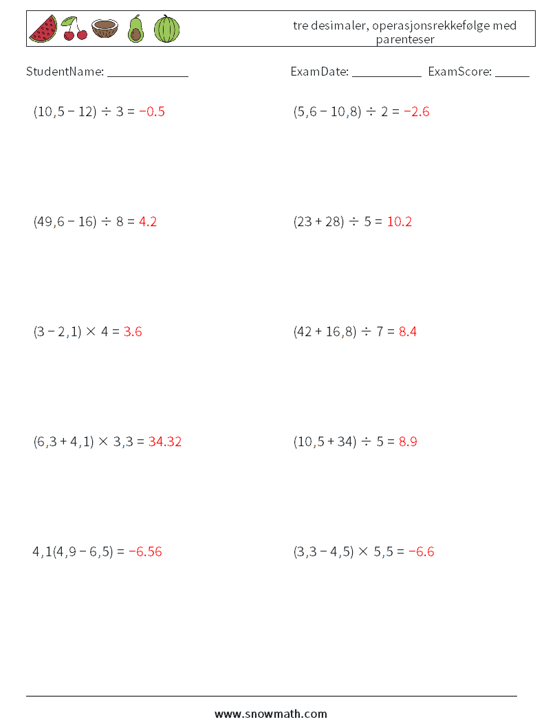 (10) tre desimaler, operasjonsrekkefølge med parenteser MathWorksheets 2 QuestionAnswer