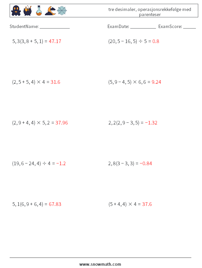 (10) tre desimaler, operasjonsrekkefølge med parenteser MathWorksheets 3 QuestionAnswer