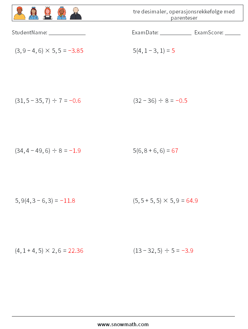 (10) tre desimaler, operasjonsrekkefølge med parenteser MathWorksheets 4 QuestionAnswer