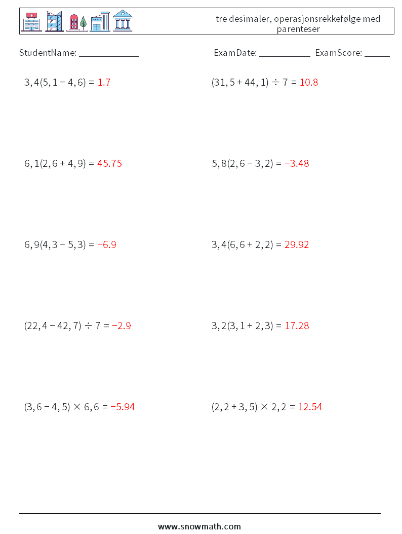 (10) tre desimaler, operasjonsrekkefølge med parenteser MathWorksheets 5 QuestionAnswer