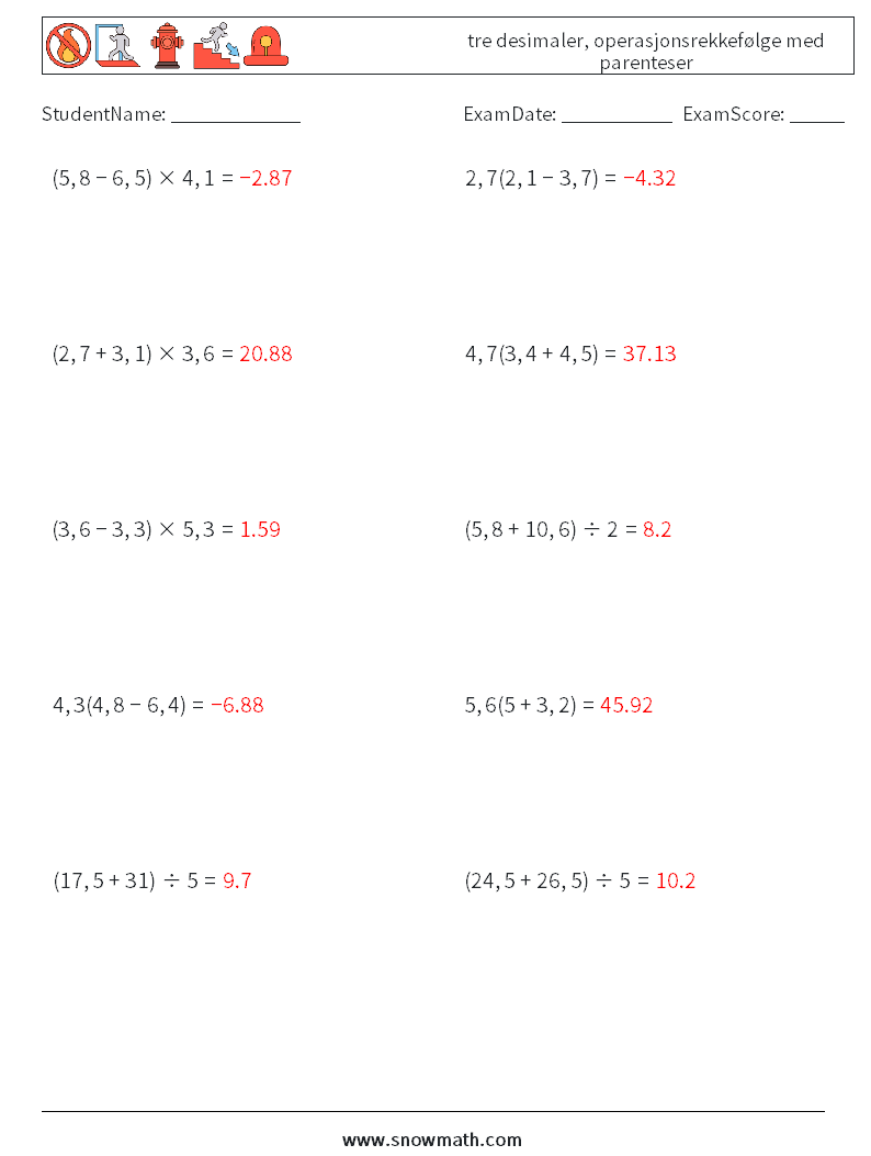 (10) tre desimaler, operasjonsrekkefølge med parenteser MathWorksheets 7 QuestionAnswer