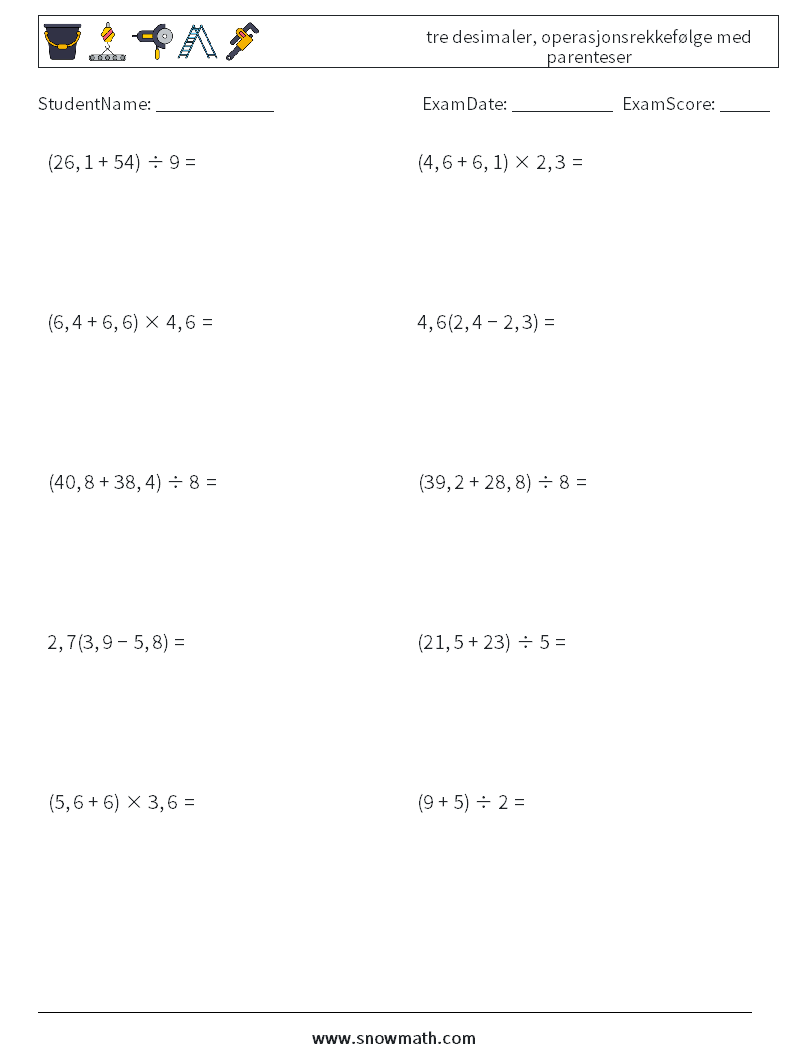 (10) tre desimaler, operasjonsrekkefølge med parenteser MathWorksheets 8