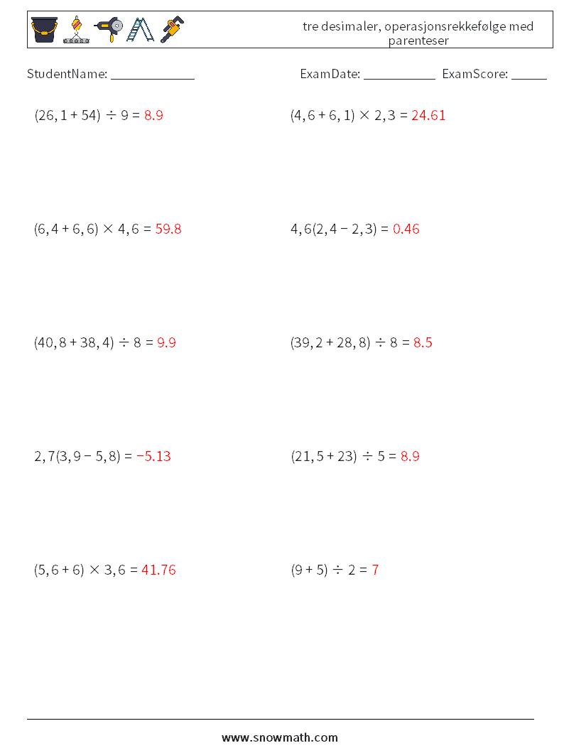 (10) tre desimaler, operasjonsrekkefølge med parenteser MathWorksheets 8 QuestionAnswer