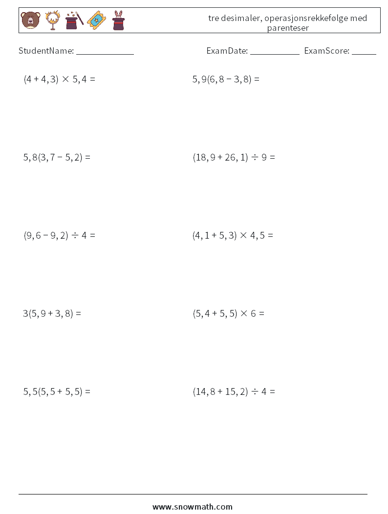 (10) tre desimaler, operasjonsrekkefølge med parenteser MathWorksheets 9