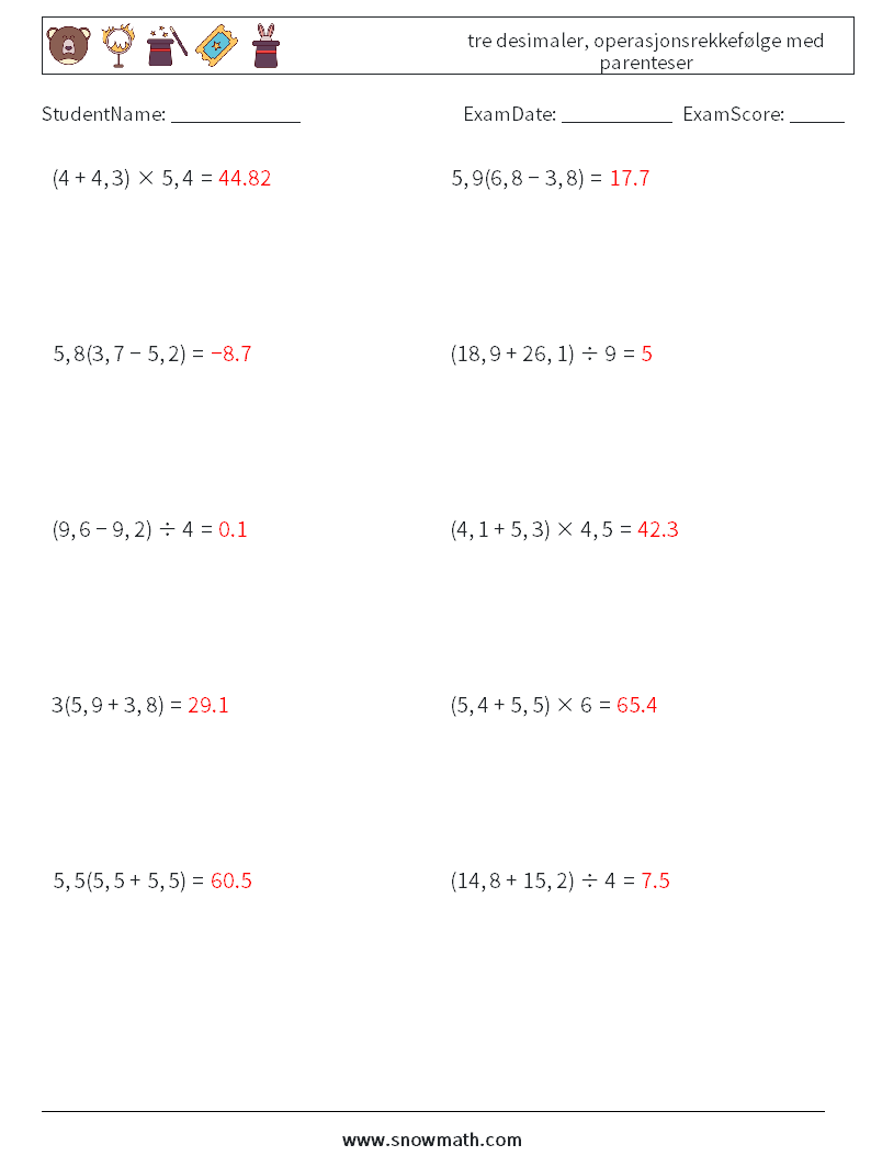 (10) tre desimaler, operasjonsrekkefølge med parenteser MathWorksheets 9 QuestionAnswer