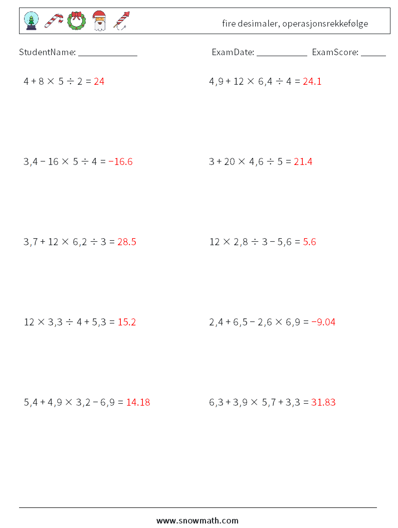 (10) fire desimaler, operasjonsrekkefølge MathWorksheets 10 QuestionAnswer