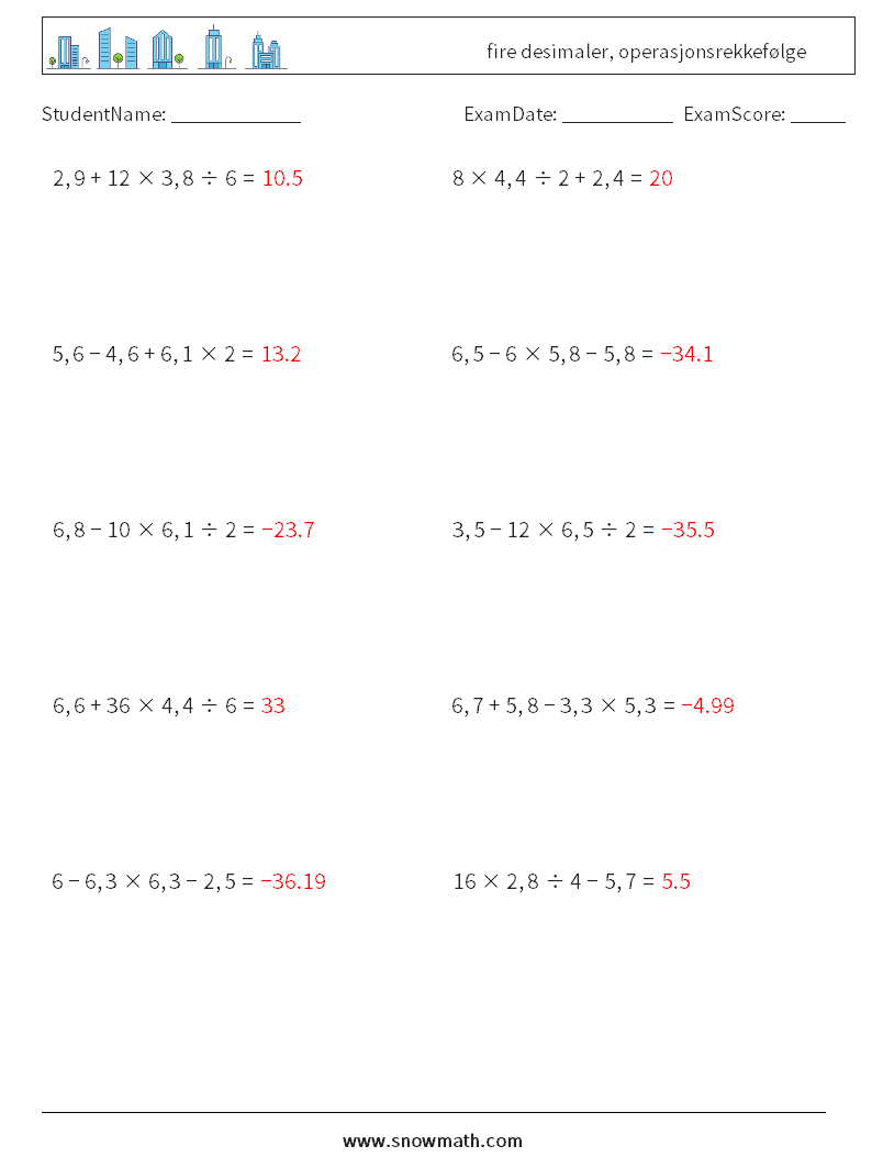 (10) fire desimaler, operasjonsrekkefølge MathWorksheets 12 QuestionAnswer