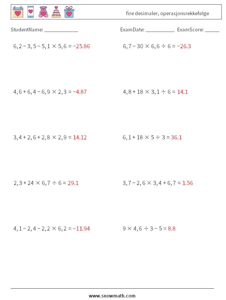 (10) fire desimaler, operasjonsrekkefølge MathWorksheets 14 QuestionAnswer