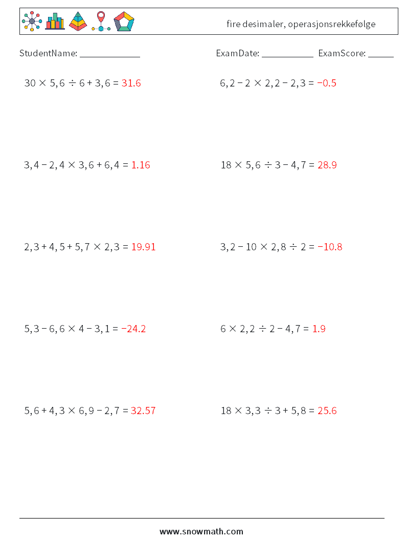 (10) fire desimaler, operasjonsrekkefølge MathWorksheets 15 QuestionAnswer