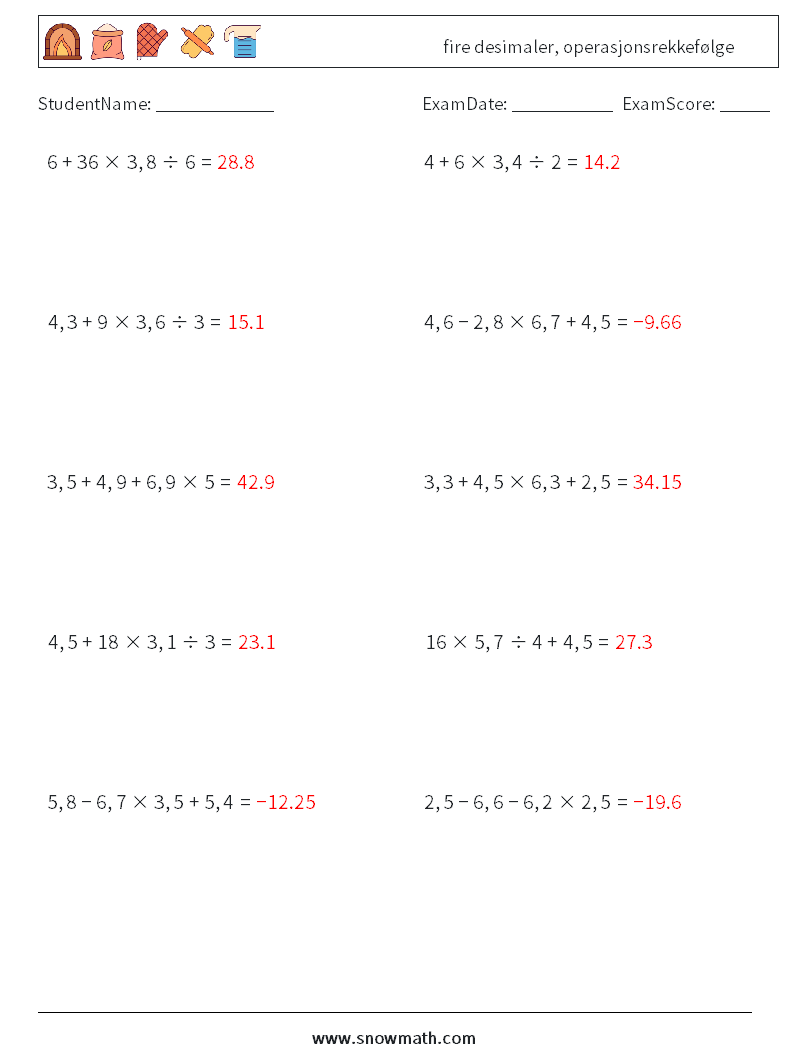 (10) fire desimaler, operasjonsrekkefølge MathWorksheets 16 QuestionAnswer