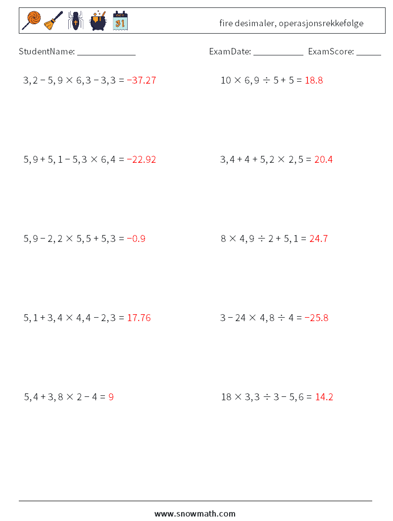 (10) fire desimaler, operasjonsrekkefølge MathWorksheets 17 QuestionAnswer