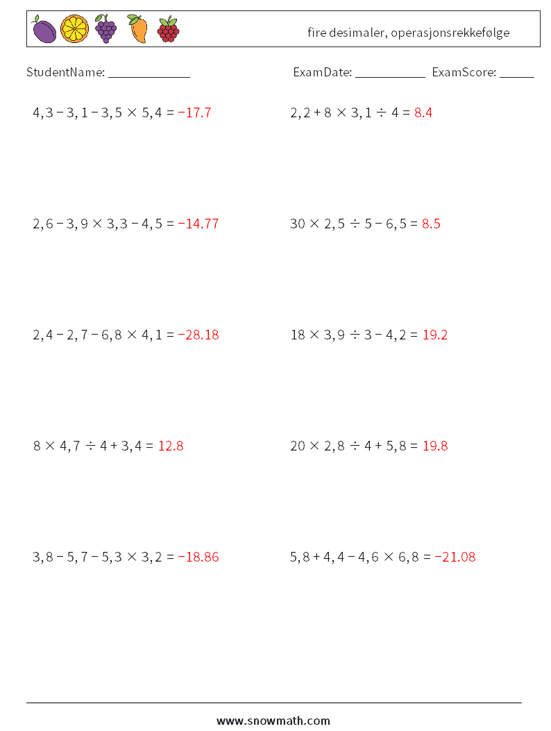 (10) fire desimaler, operasjonsrekkefølge MathWorksheets 18 QuestionAnswer