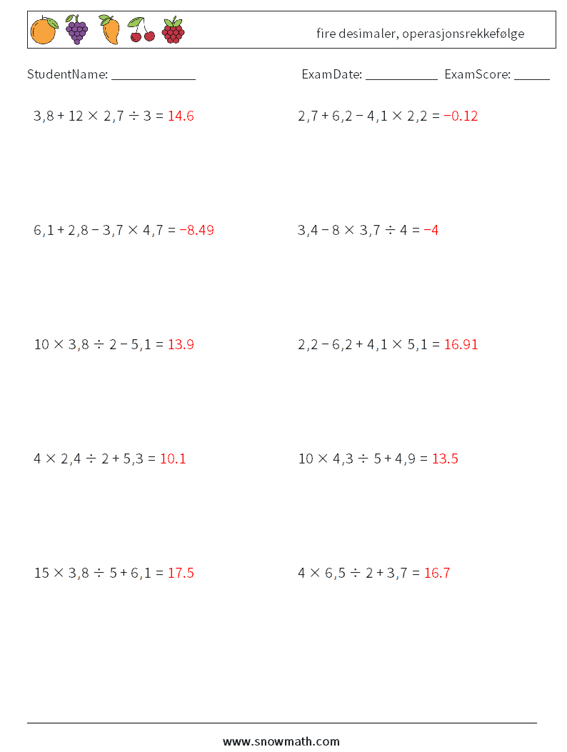 (10) fire desimaler, operasjonsrekkefølge MathWorksheets 1 QuestionAnswer