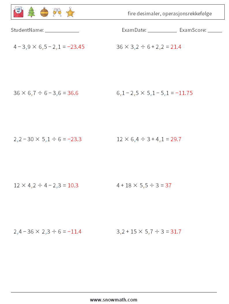 (10) fire desimaler, operasjonsrekkefølge MathWorksheets 2 QuestionAnswer