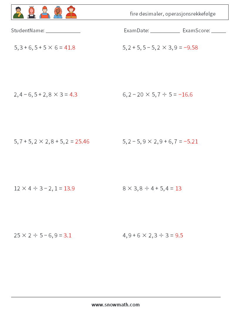 (10) fire desimaler, operasjonsrekkefølge MathWorksheets 3 QuestionAnswer