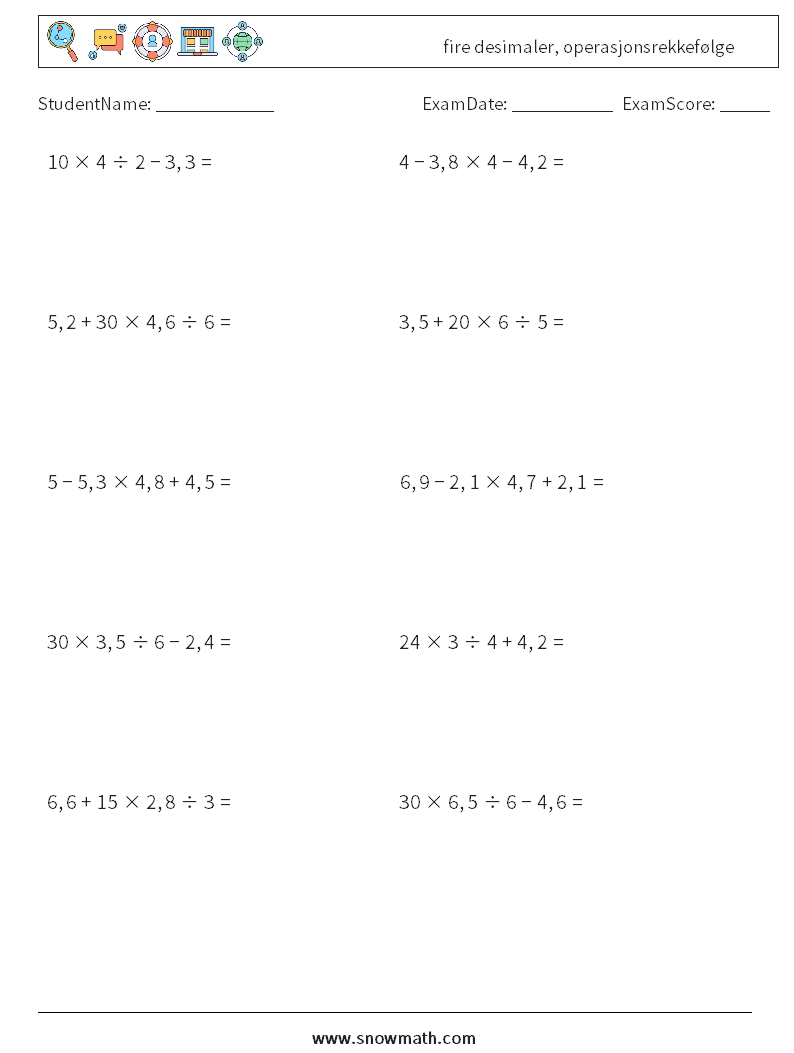 (10) fire desimaler, operasjonsrekkefølge MathWorksheets 5