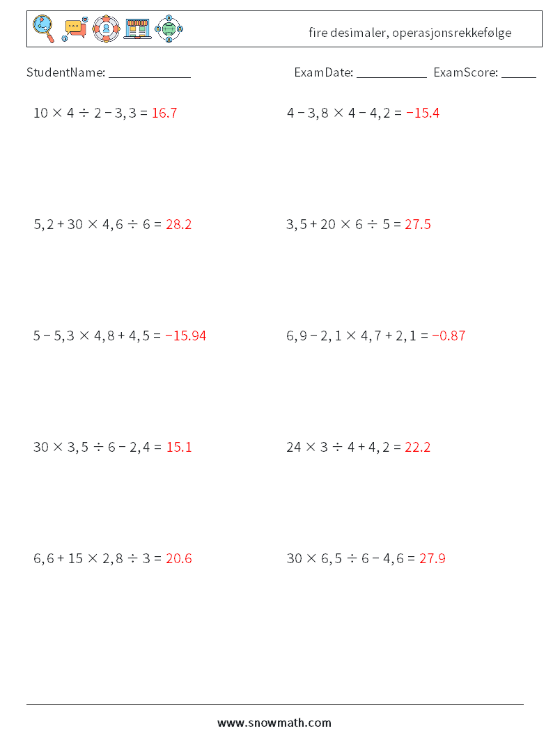 (10) fire desimaler, operasjonsrekkefølge MathWorksheets 5 QuestionAnswer