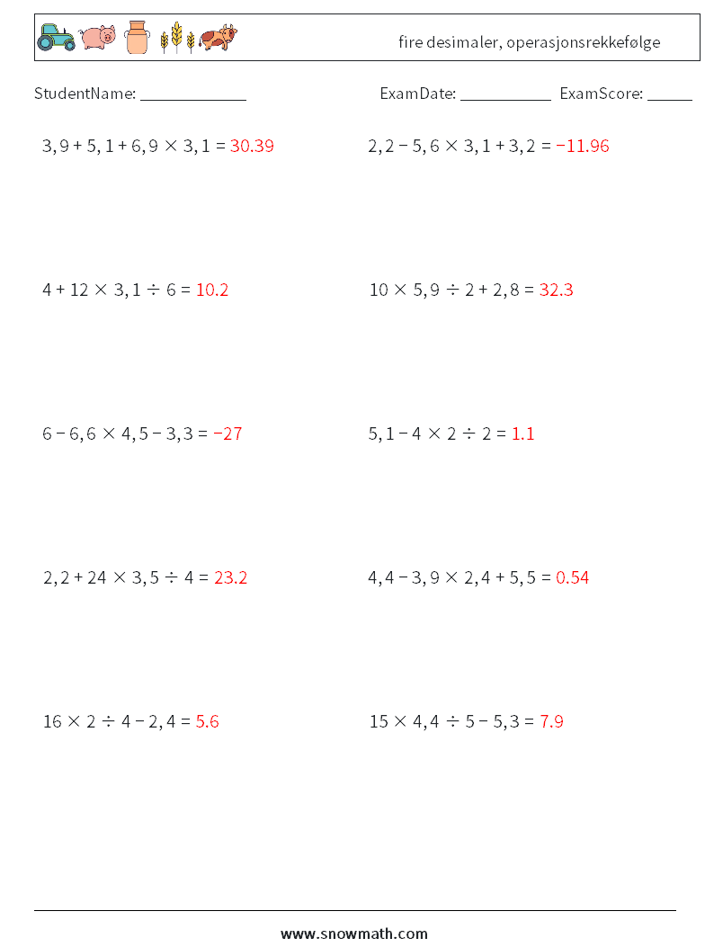 (10) fire desimaler, operasjonsrekkefølge MathWorksheets 6 QuestionAnswer