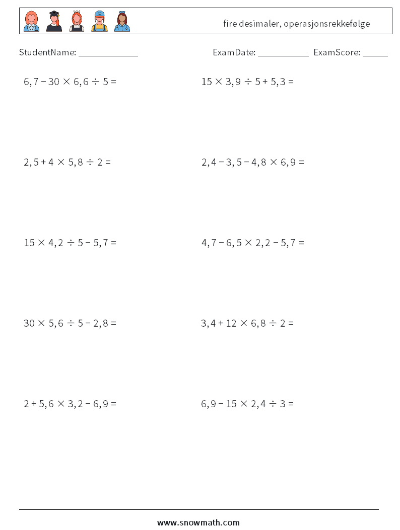 (10) fire desimaler, operasjonsrekkefølge MathWorksheets 7