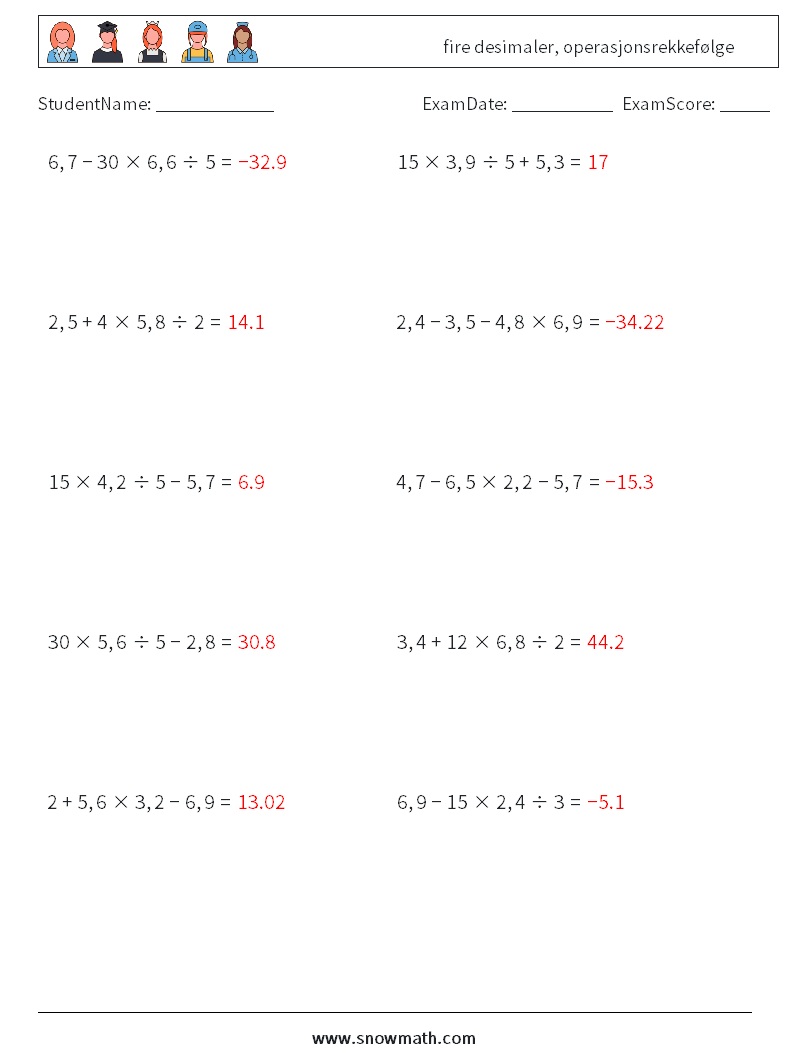 (10) fire desimaler, operasjonsrekkefølge MathWorksheets 7 QuestionAnswer