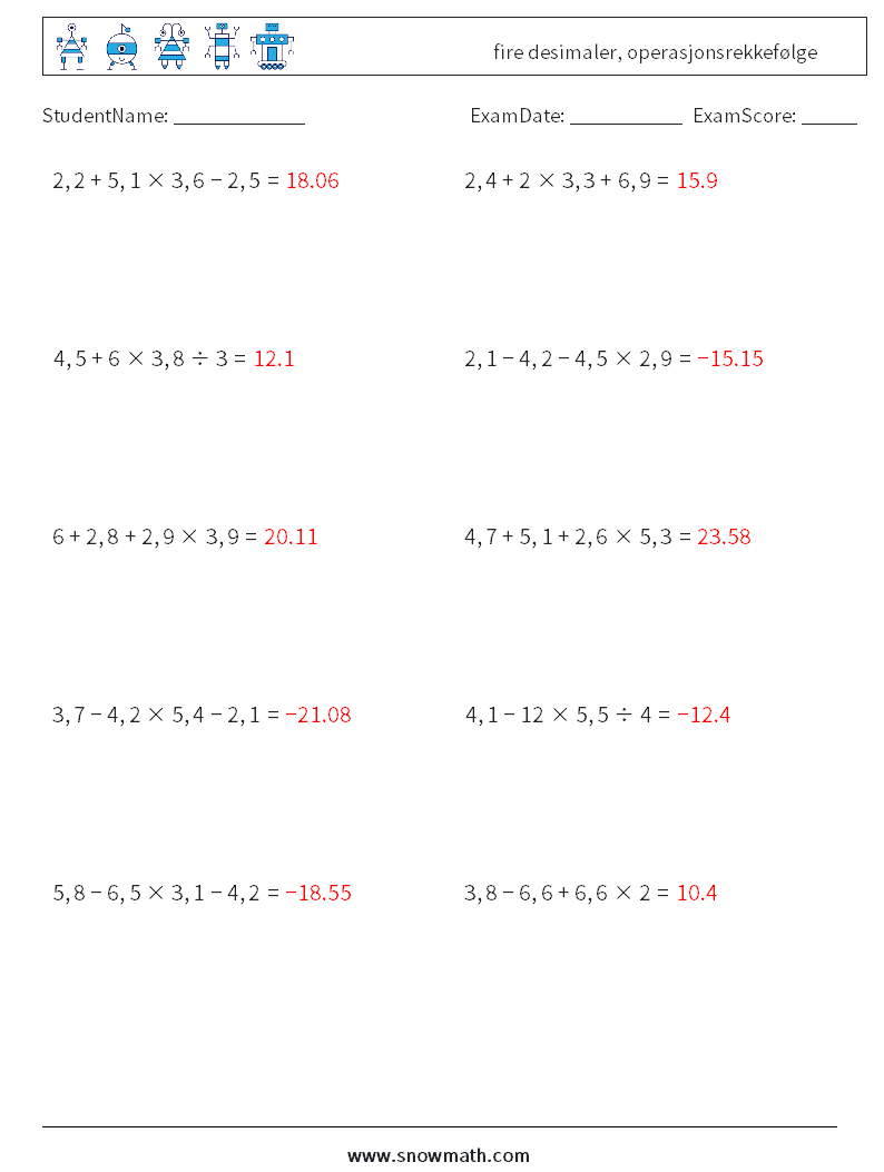 (10) fire desimaler, operasjonsrekkefølge MathWorksheets 9 QuestionAnswer