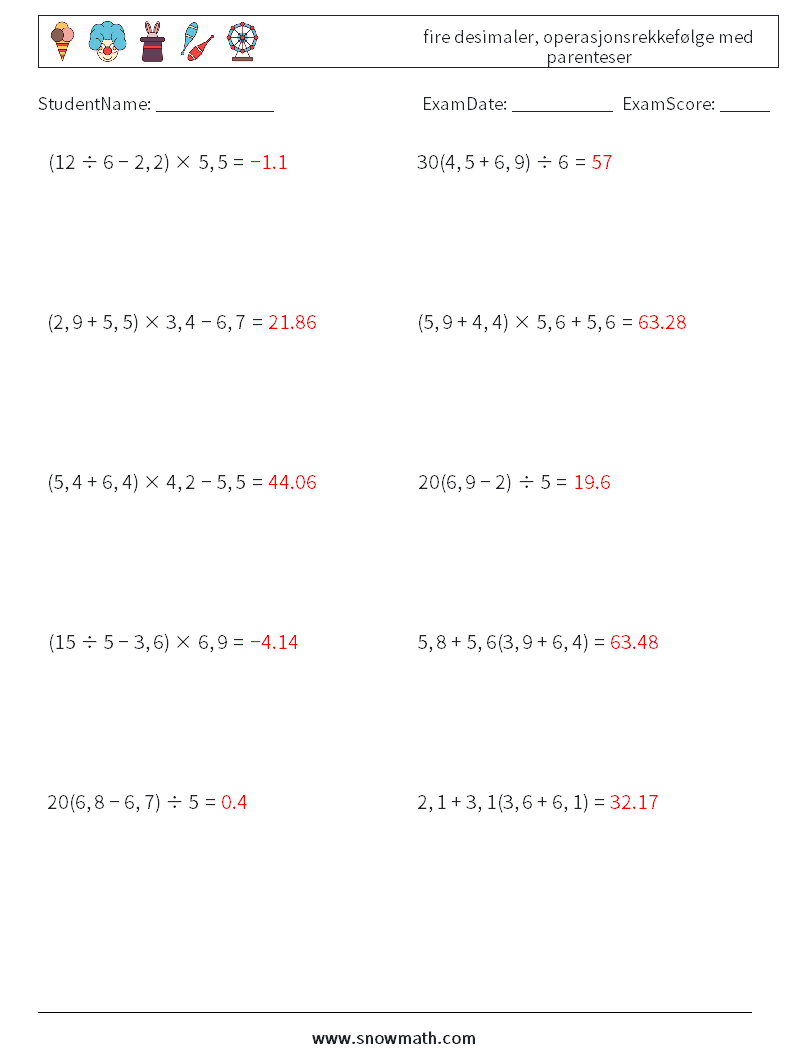 (10) fire desimaler, operasjonsrekkefølge med parenteser MathWorksheets 11 QuestionAnswer