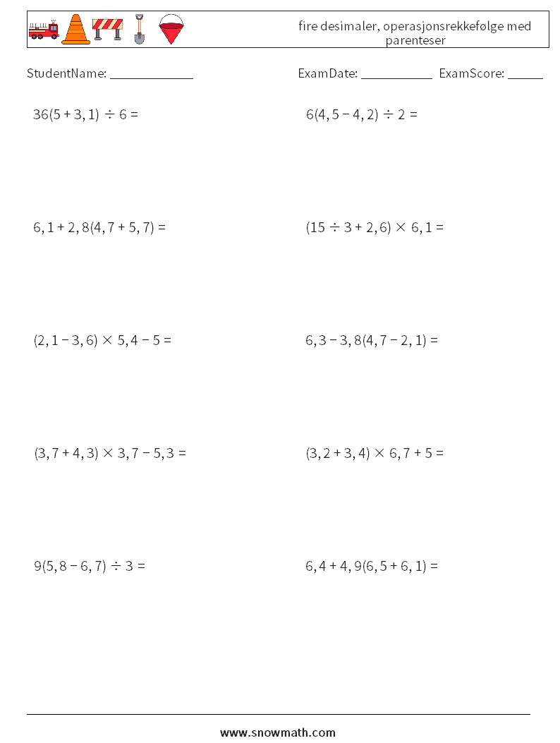 (10) fire desimaler, operasjonsrekkefølge med parenteser MathWorksheets 12